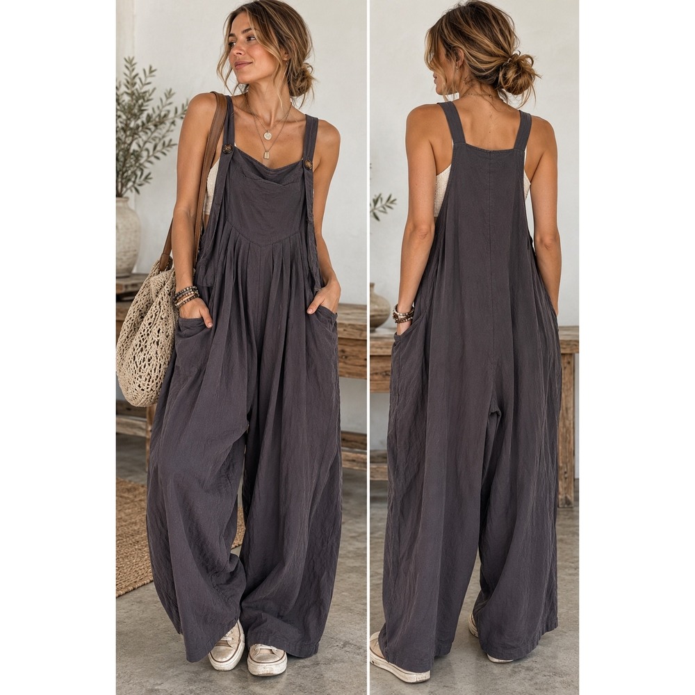 Charcoal Gray Cotton Linen Wide Leg Overall Jumpsuit Pockets Sz L Lagenlook Boho